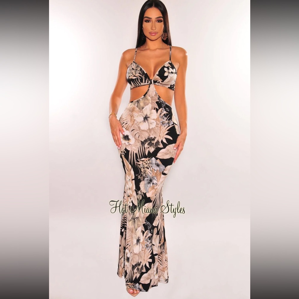 Black Multi Color Tropical Print Spaghetti Straps Cut Out Maxi